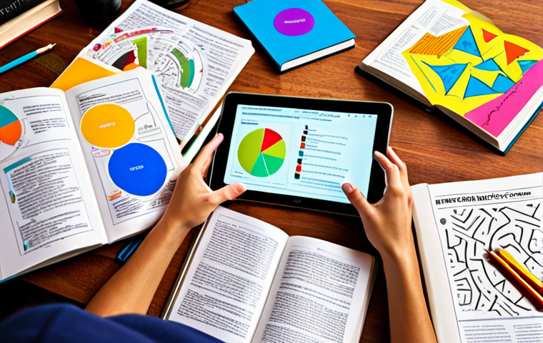 **
A person actively learning, surrounded by mind maps, open books, and digital devices. Focus on bright, energetic colors. Emphasize the concept of accelerated learning and actively engaging with the material.
**