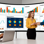 A diverse team collaborating around a large screen displaying marketing analytics dashboards, highlighting customer segmentation and personalized campaign results. The setting should be a modern, open-plan office with motivational posters in Spanish related to data-driven decisions.