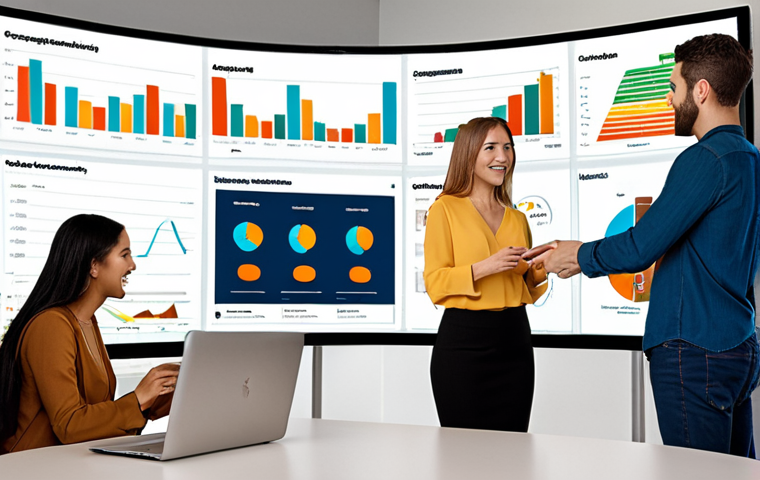 A diverse team collaborating around a large screen displaying marketing analytics dashboards, highlighting customer segmentation and personalized campaign results. The setting should be a modern, open-plan office with motivational posters in Spanish related to data-driven decisions.