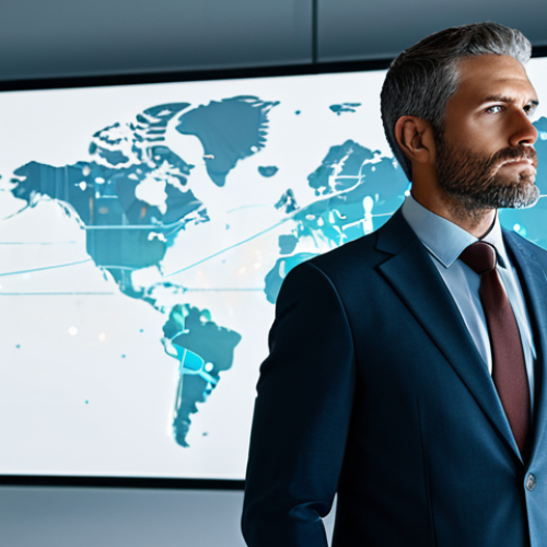 Home 9 A focused adult professional, fully clothed in a modest business suit, standing in a futuristic, minimalist office or innovation hub. Transparent holographic screens in the background display interconnected abstract data points, subtle lines connecting them, symbolizing 'connecting the dots' and 'peripheral vision'. The subject has a thoughtful expression, looking into the distance. High-resolution professional photography, perfect anatomy, correct proportions, natural pose, well-formed hands, proper finger count, natural body proportions, safe for work, appropriate content, fully clothed, professional.