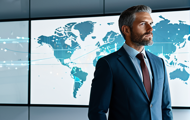 A focused adult professional, fully clothed in a modest business suit, standing in a futuristic, minimalist office or innovation hub. Transparent holographic screens in the background display interconnected abstract data points, subtle lines connecting them, symbolizing 'connecting the dots' and 'peripheral vision'. The subject has a thoughtful expression, looking into the distance. High-resolution professional photography, perfect anatomy, correct proportions, natural pose, well-formed hands, proper finger count, natural body proportions, safe for work, appropriate content, fully clothed, professional.