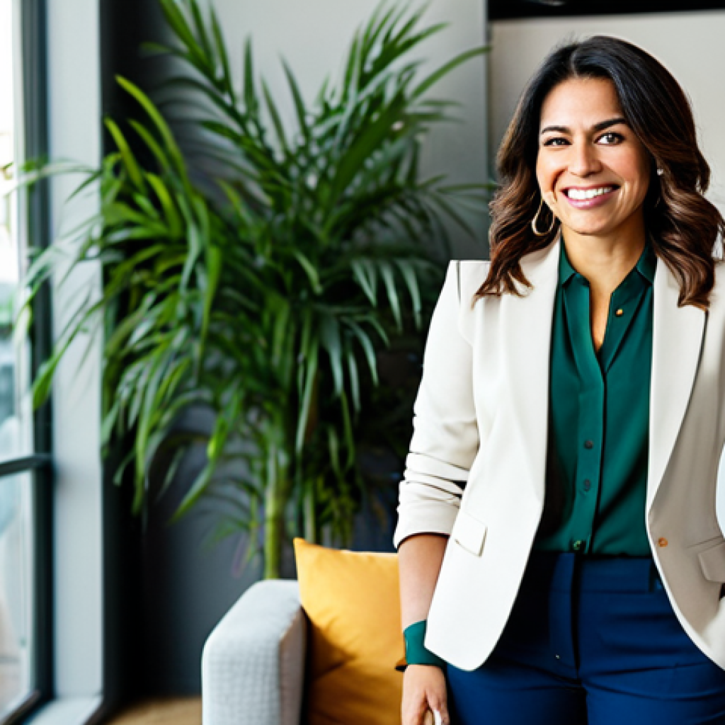 Successful Latina Entrepreneur**
"A portrait of a successful Latina entrepreneur in her late 30s, wearing a tailored but comfortable business casual outfit (blazer, blouse, well-fitting trousers). She is standing confidently in a bright, modern co-working space filled with plants. She is smiling genuinely. The scene should convey energy and success. Fully clothed, appropriate attire, safe for work, perfect anatomy, natural proportions, professional photography, high quality."
**
