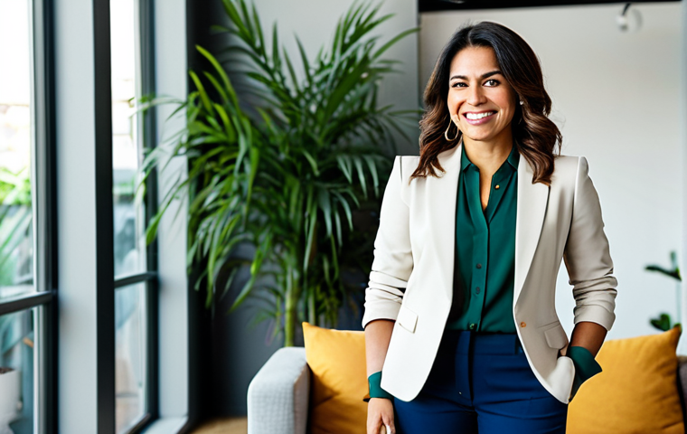 Successful Latina Entrepreneur**
"A portrait of a successful Latina entrepreneur in her late 30s, wearing a tailored but comfortable business casual outfit (blazer, blouse, well-fitting trousers). She is standing confidently in a bright, modern co-working space filled with plants. She is smiling genuinely. The scene should convey energy and success. Fully clothed, appropriate attire, safe for work, perfect anatomy, natural proportions, professional photography, high quality."
**