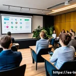 Home 22 기회 포착을 위한 세미나 참가 - A modern professional seminar room filled with diverse attendees actively engaging in a workshop; th...