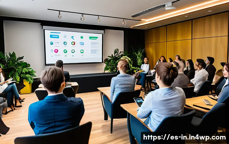 기회 포착을 위한 세미나 참가 - A modern professional seminar room filled with diverse attendees actively engaging in a workshop; th...