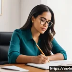 Home 21 기회 포착을 위한 자기 평가 기법 - A professional Hispanic woman sitting at a modern desk in a bright, minimalist home office, thoughtf...