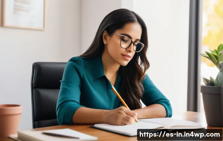 기회 포착을 위한 자기 평가 기법 - A professional Hispanic woman sitting at a modern desk in a bright, minimalist home office, thoughtf...
