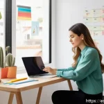 Home 20 기회 포착을 위한 목표 달성 계획 수립 - A modern, bright home office scene showing a young Spanish professional woman sitting at a clean des...
