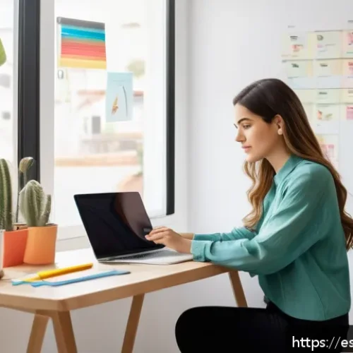Home 32 기회 포착을 위한 목표 달성 계획 수립 - A modern, bright home office scene showing a young Spanish professional woman sitting at a clean des...