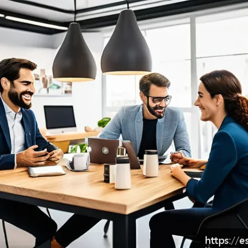 Home 17 기회 포착 역량 진단 도구 - A modern professional office scene in a vibrant Spanish city, featuring diverse colleagues engaged i...