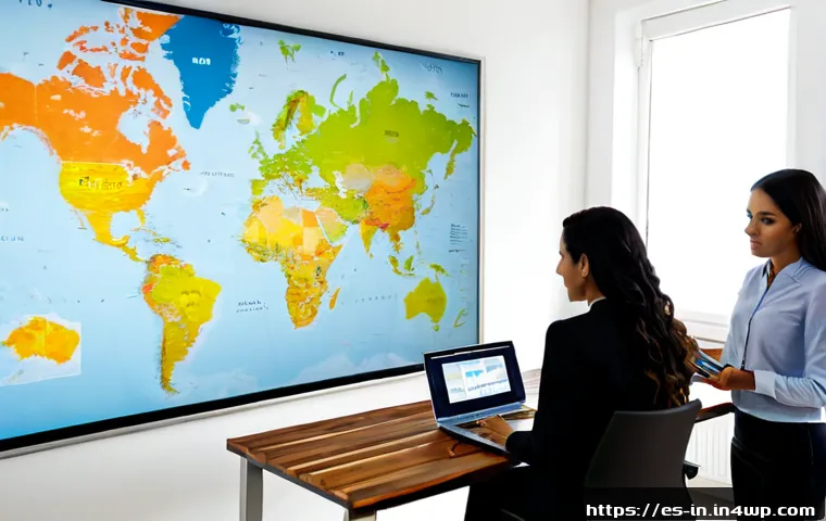 기회 포착을 위한 글로벌 트렌드 분석 - Photorealistic global trend analysis scene in a bright Madrid innovation office, Spanish business an...